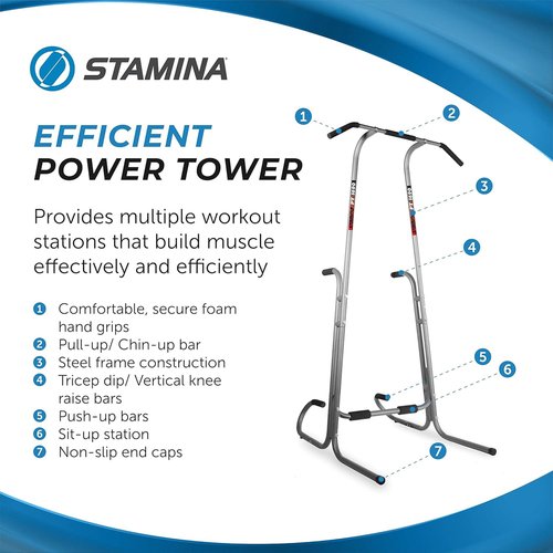 Stamina Power Tower - Dip Bar Pull Up Bar Station with Smart Workout App - Dip Bars for Home Workout - Up to 250 lbs Weight Capacity