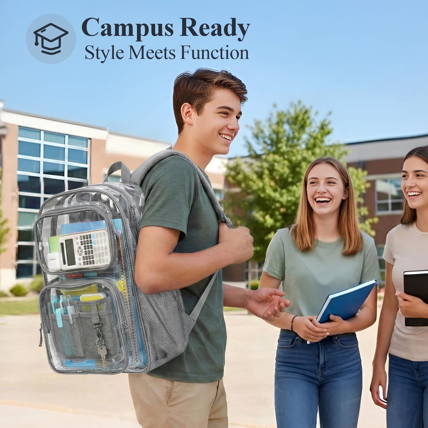 PACKISM Clear Backpack for School - 17 inch Large Heavy Duty Bookbag, Reinforced See Through PVC Transparent Backpack for Students Men Women, Battleship Grey (Age 12+)