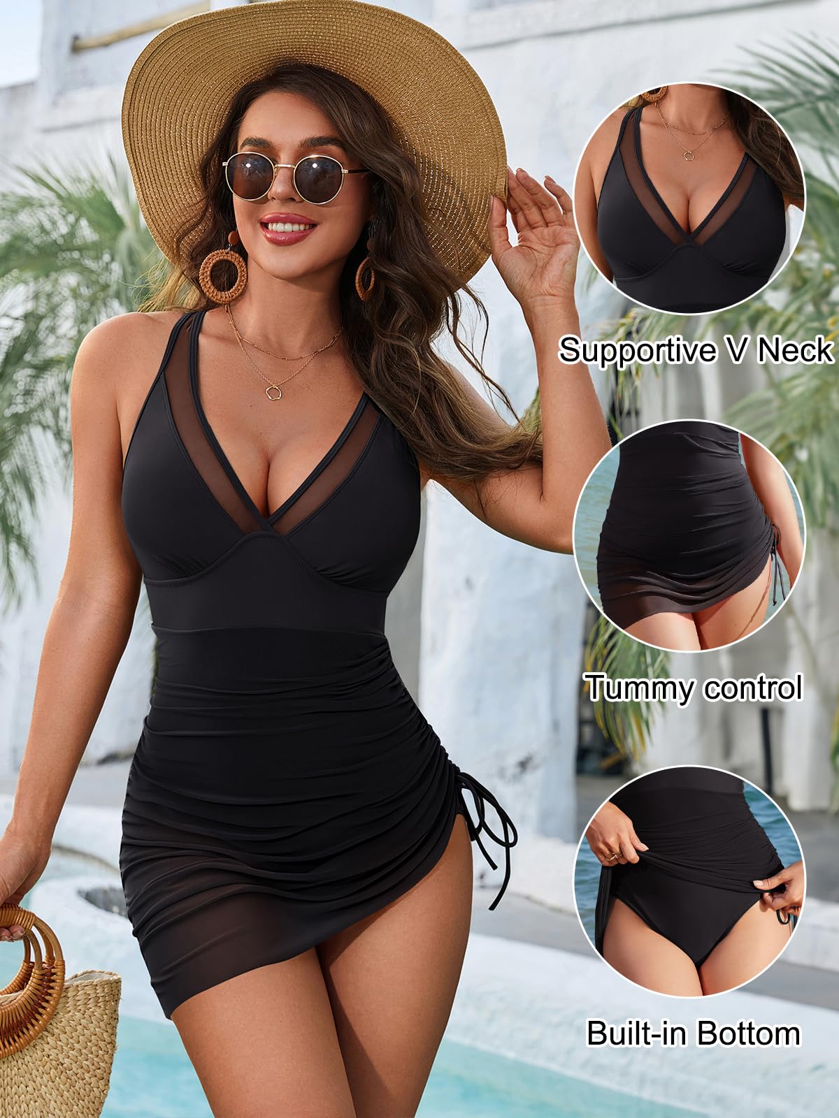 Blooming Jelly Women One Piece Swimsuits Tummy Control Swim Dress Drawstring Slimming Bathing Suit (XL, Black)
