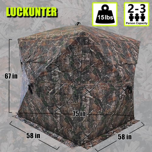 LUCKUNTER 360 Degree See Through Hunting Blind 2-3 Person Ground Camouflage Pop Up Hunting Blind for Turkey Deer Hunting (58X58X67)