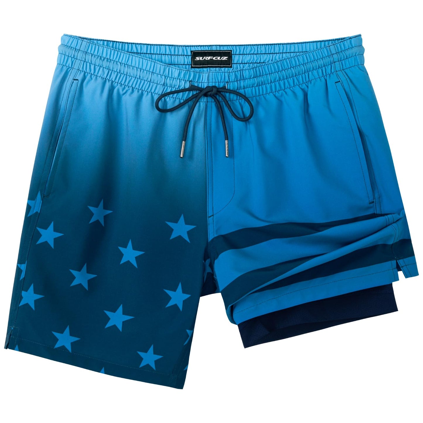 SURF CUZ Mens Swim Trunks with Compression Liner Quick Dry Swim Shorts 7" Swimming Trunks Stretch Zipper Pockets Blue Gradient Flag Large