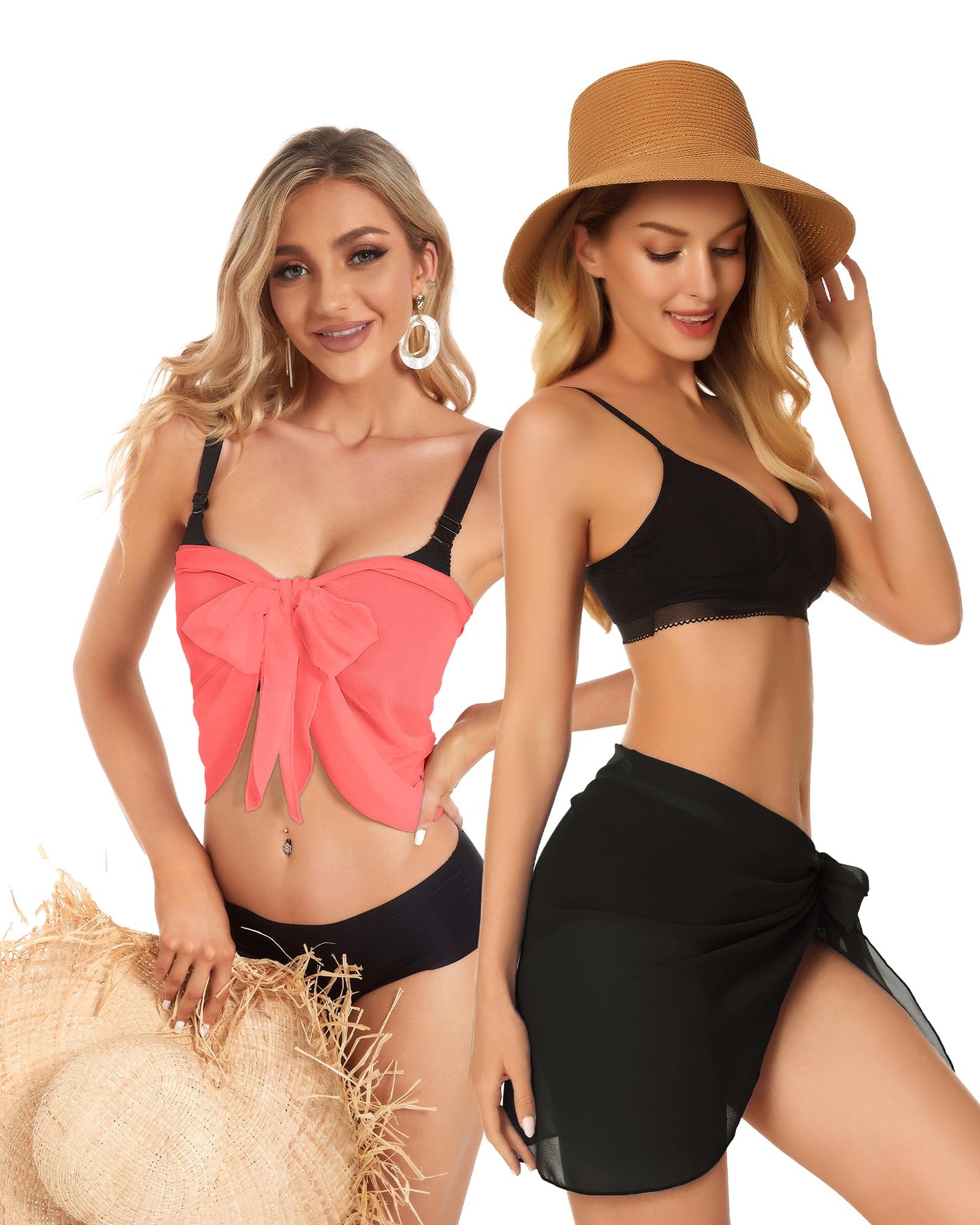 2 Pieces Sarong Cover Ups for Women Beach Bathing Suit Wrap Sheer Short Skirt Bikini Chiffon Scarf for Swimwear (Black and Fluorescent Orange)