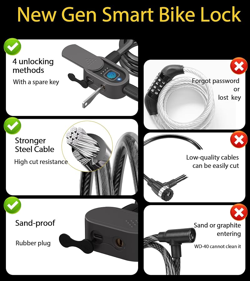 Fingerprint Bike Lock with Keys and Bluetooth App (Variation: Black+C8-Black)