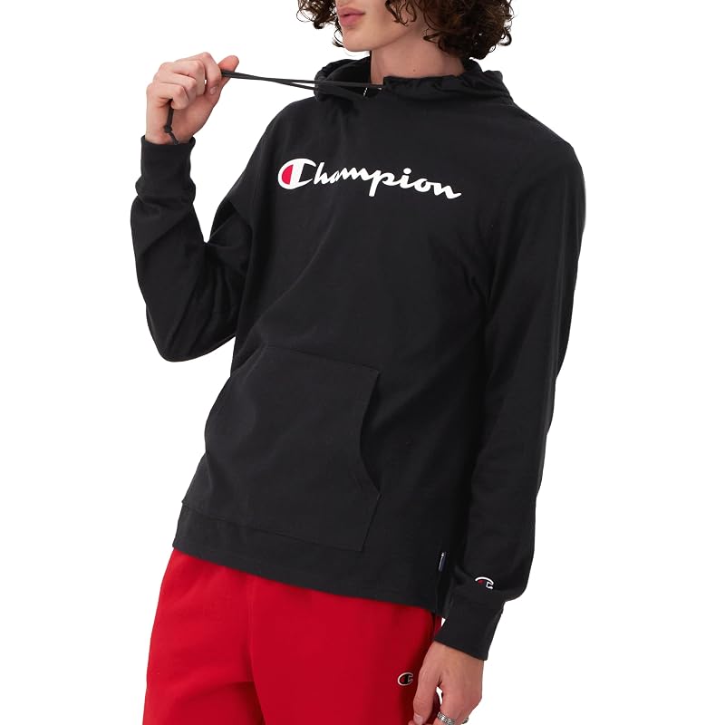 Champion Men’s Long Sleeve T‑Shirt Hoodie - Black with Classic Script Logo