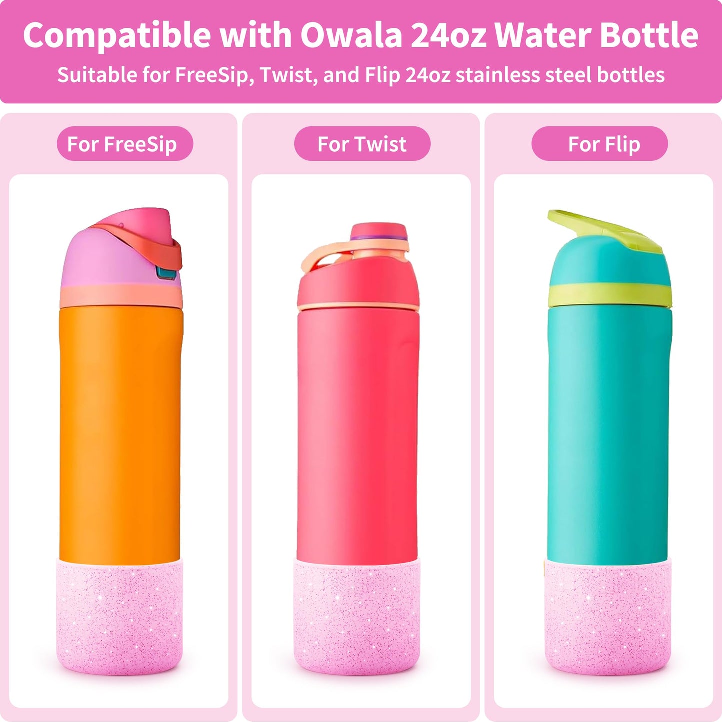 Diumepo Silicone Boot for Owala 24 oz Water Bottle, Anti-Slip Protective Sleeve for Owala Twist & FreeSip & Flip Stainless Steel Water Bottle, Boot Bottom Base for Owala (Glitter Pink)