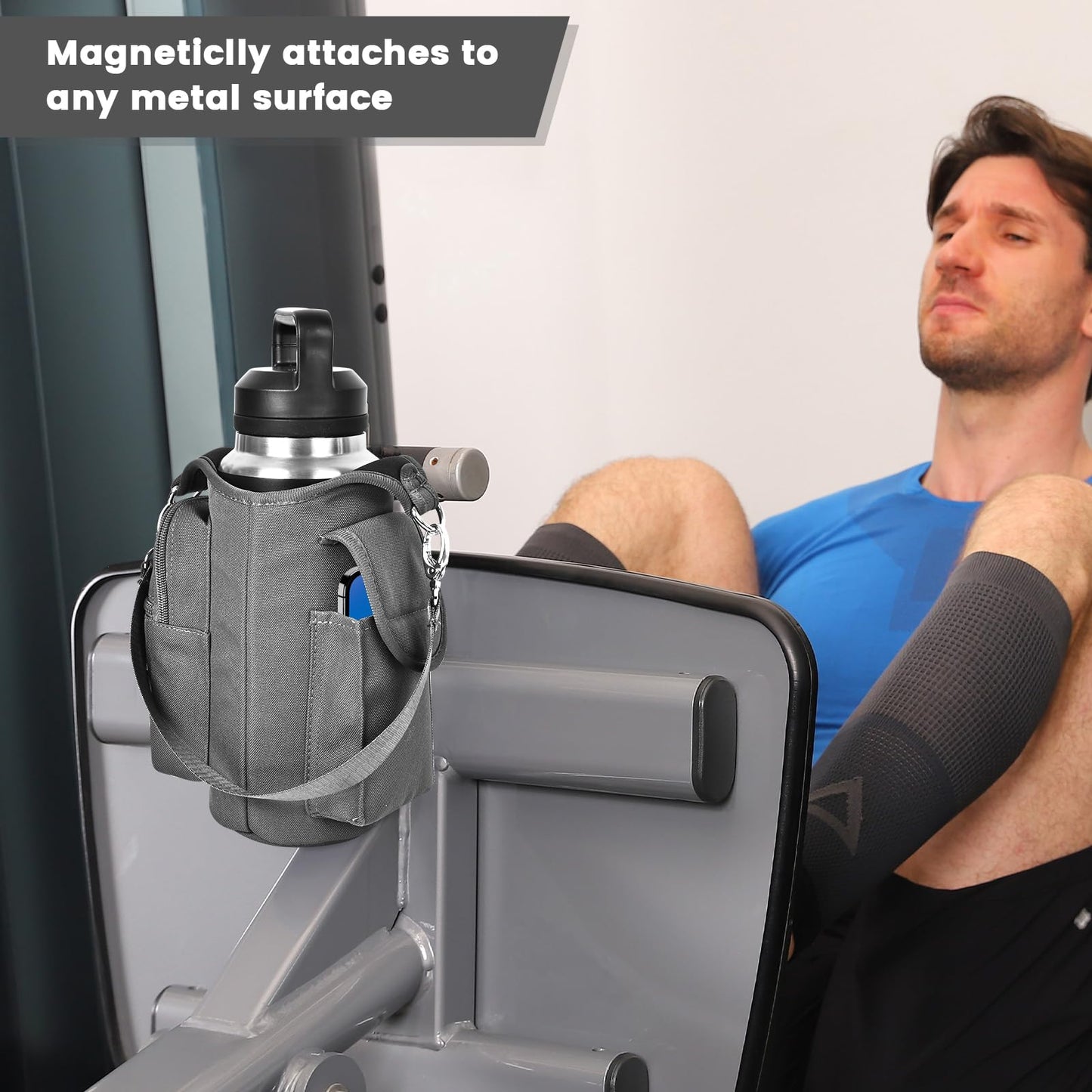 icolor Magnetic Gym Bag Water Bottle Carrier Holder with Phone Pockets & Strap,Nylon Gym Magnetic Bag 5 Built-in Magnets Gym Accessories Organizer Bottle Pouch Sleeve for Men Women (Light Gray)