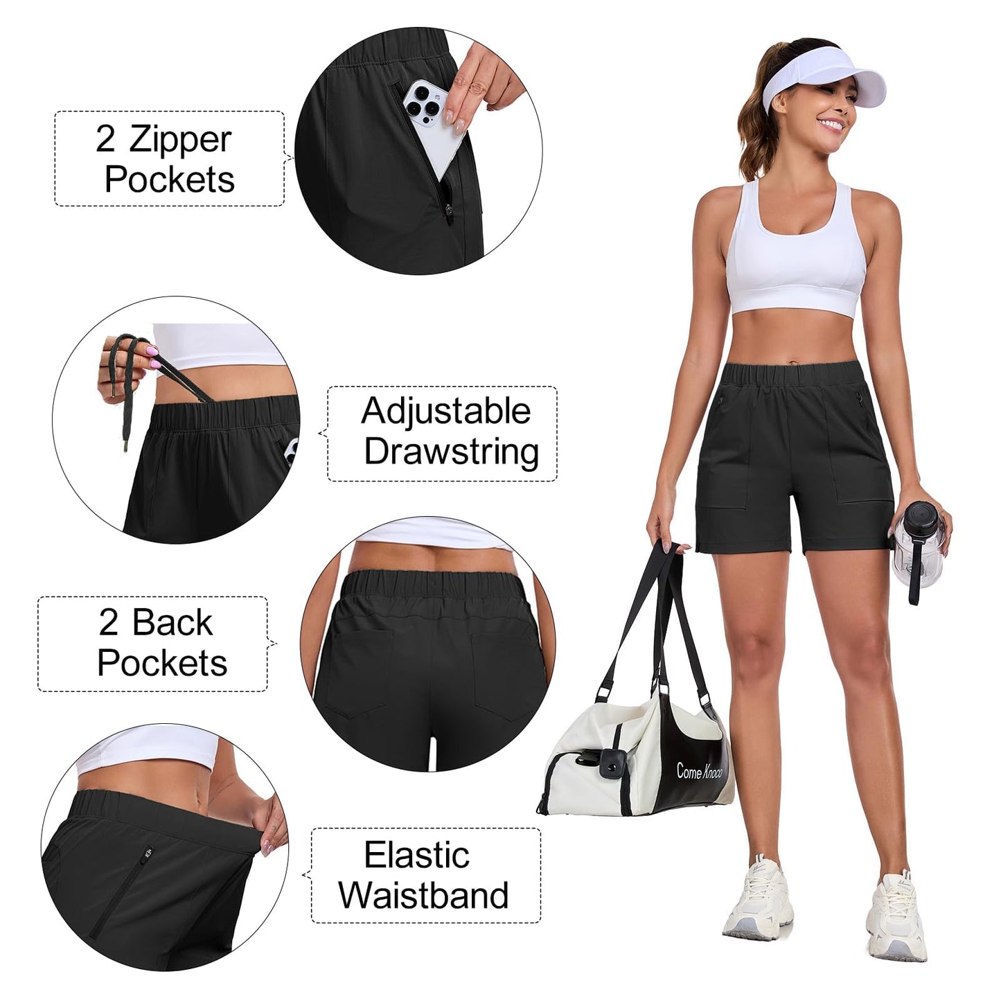 Nomolen Womens 5'' Hiking Athletic Shorts Quick Dry Lightweight Golf Casual Summer Shorts with Zipper Pockets Black L