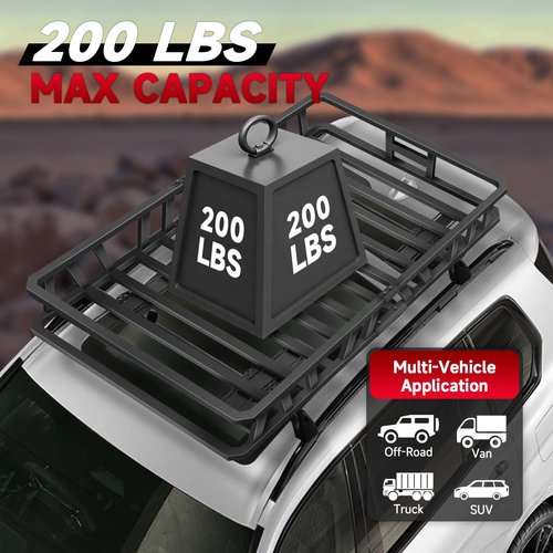 ROADGIVE 52"x36"x5" Roof Rack Cargo Carrier, Heavy-Duty Carbon Steel Rooftop Cargo Basket with 200 lb Capacity and Round Fastener for SUV, Truck, Car