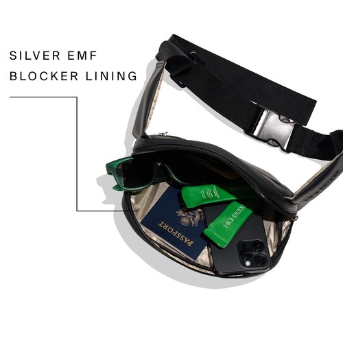 HigherDOSE EMF Blocking Black Fanny Pack - Vegan Leather Waist Bag for Women & Men - Shields Against Harmful Electromagnetic Waves - Includes Crossbody Strap & Adjustable Waistband