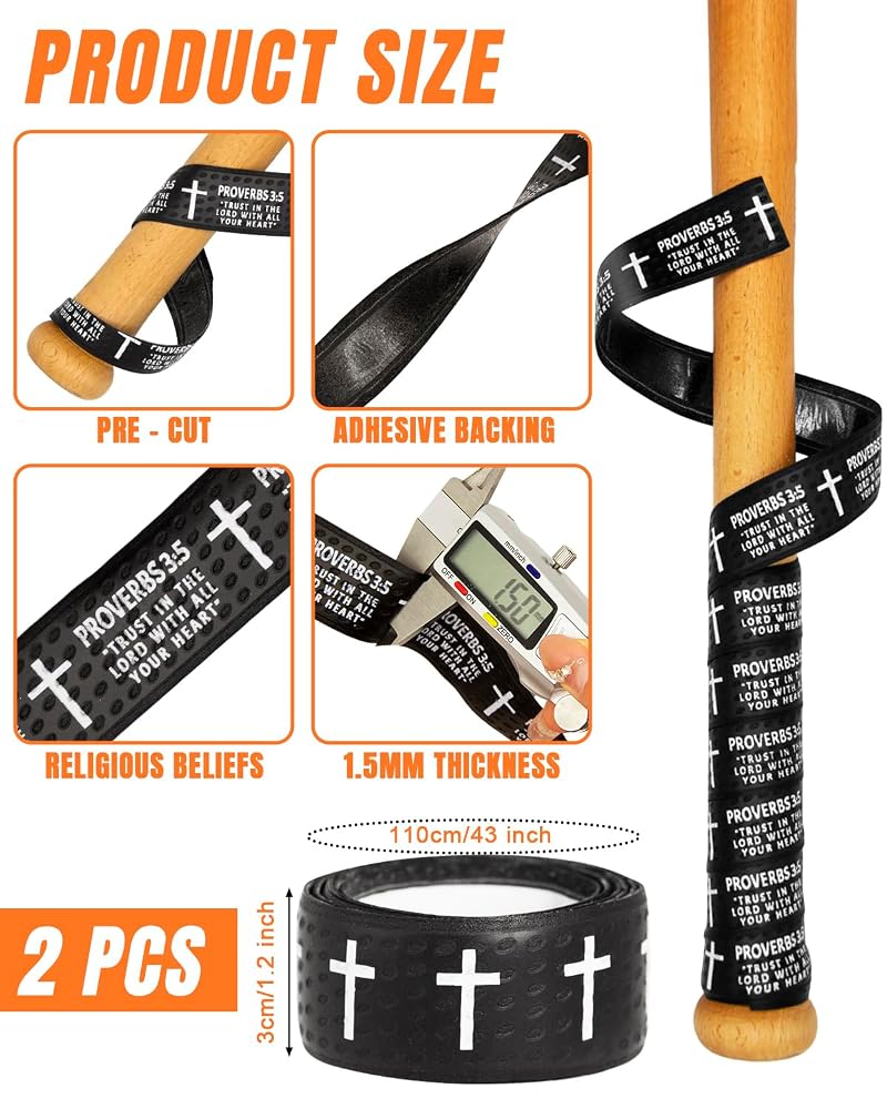 Baseball Bat Grip Tape with Cross Design – 1.5mm Precut, 43.31” x 1.18” Adhesive Wrist Tape (Black) - Faith-Inspired