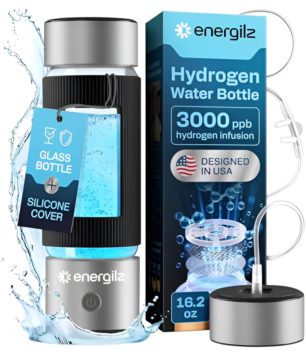 Hydrogen Water Bottle | Large 16.2 oz (480 ml) Hydrogen Water Bottle Generator 3000ppb | Hydrogenator Machine | SPE/PEM Hydrogenated Ionizer Generator (Steel w/Black)