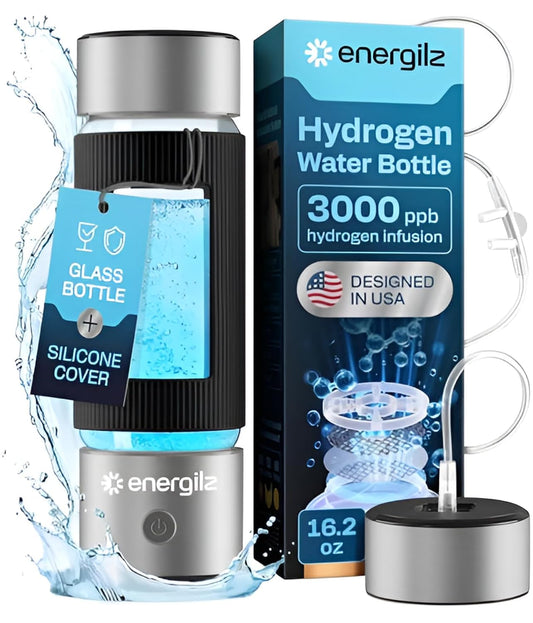 Hydrogen Water Bottle | Large 16.2 oz (480 ml) Hydrogen Water Bottle Generator 3000ppb | Hydrogenator Machine | SPE/PEM Hydrogenated Ionizer Generator (Steel w/Black)