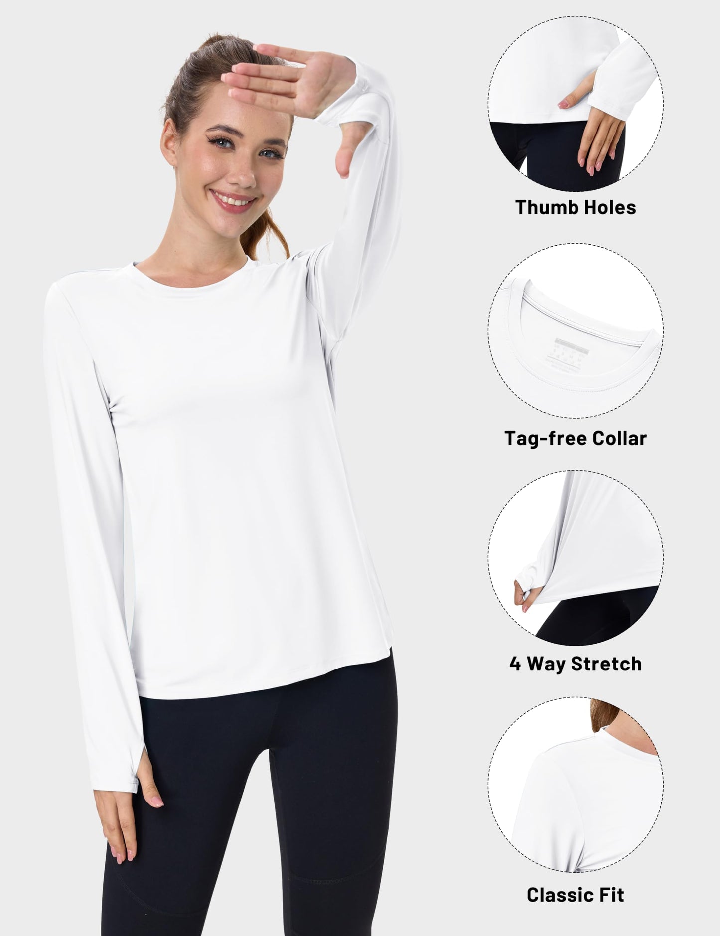 MAGCOMSEN White Long Sleeve Shirt Thumb Hole Women SPF 50 Sun UV Protection Lightweight Breathable Swim Workout Tops M
