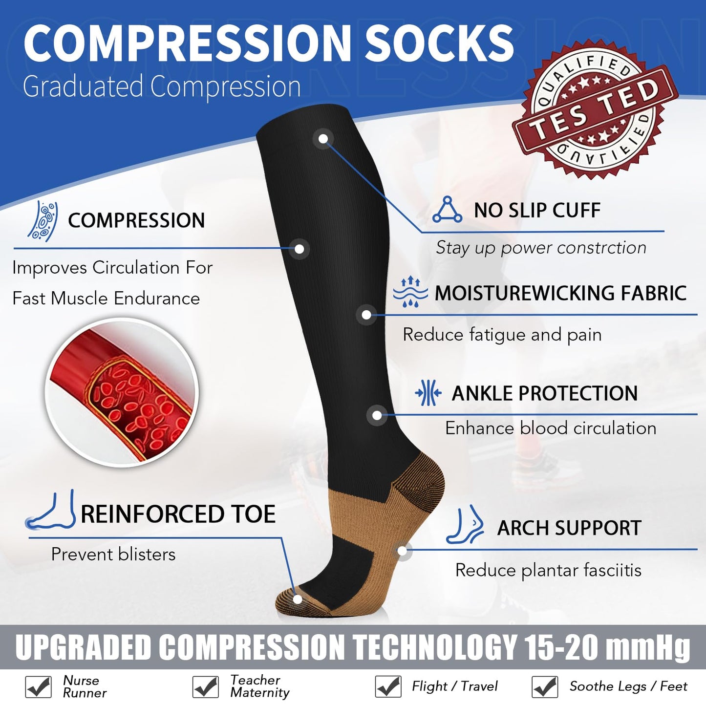 Sooverki Graduated Copper Compression Socks for Men & Women Circulation 8 Pairs 15-20mmHg - Best for Running Athletic Cycling
