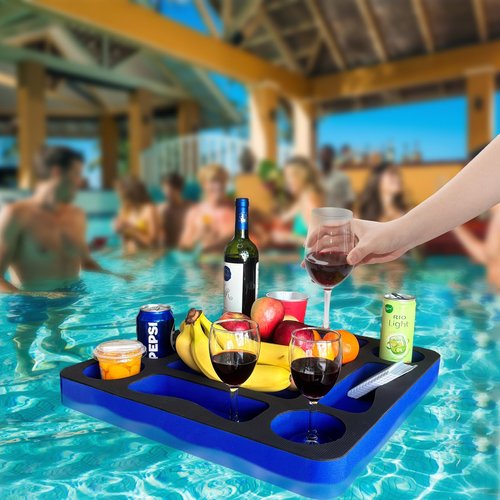 RAMIEYOO Floating Pool Games Table for Adults - All-in-One Drink Holder & Refreshment Station for Pool, Beach, Hot Tub,Waterproof Cards Included,Summer Party Essentials (Black-Blue, 19 * 19 Inch)