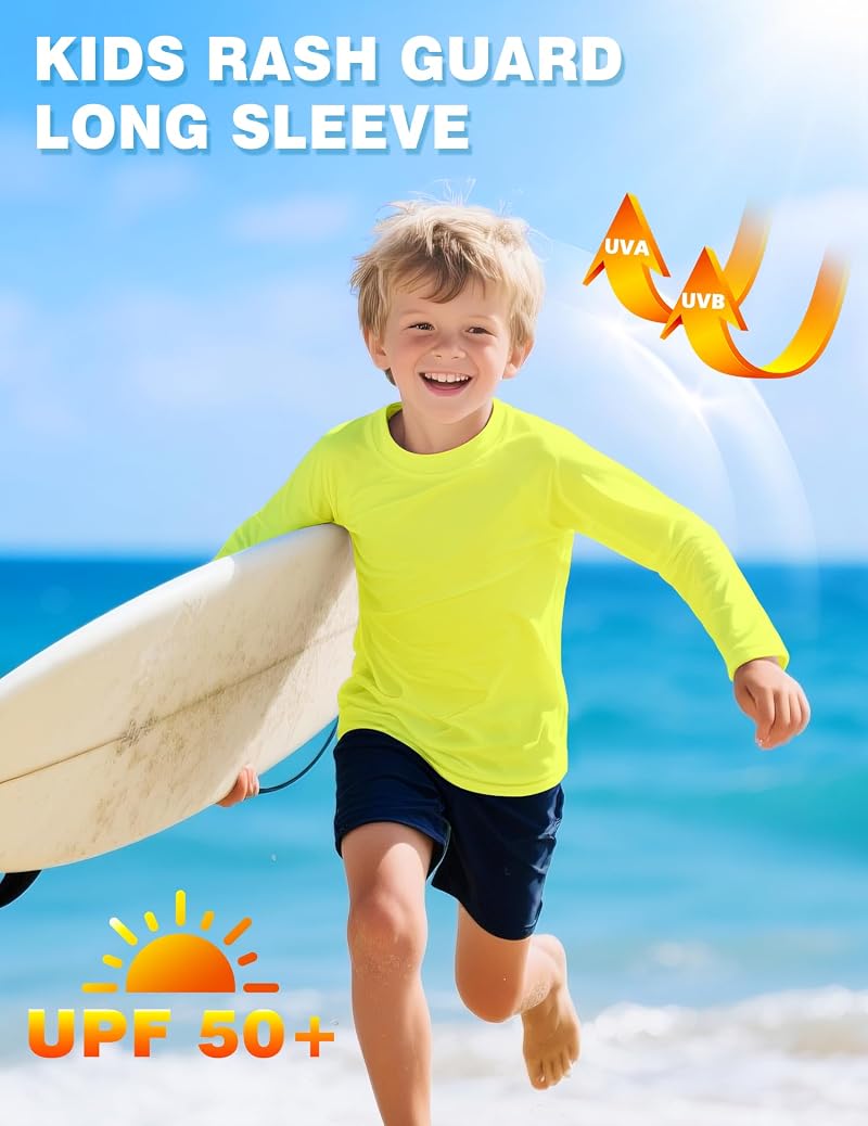 Rash Guard Swim Shirt for Kids Boys & Girls UPF 50+ Quick Dry Neon Yellow 7-8 Years