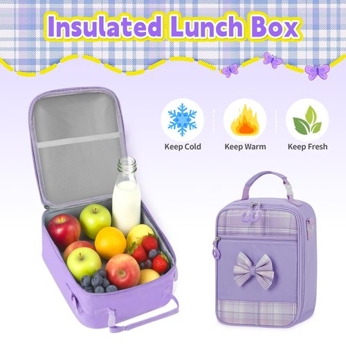 LEWKANA Girls Backpack with Lunch Box Set, 5pc Purple Cute Kawaii Bookbag for Teens, Aesthetic School Backpack for Elementary