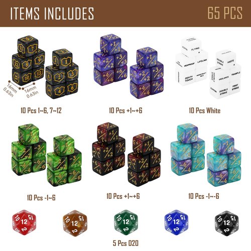 FIGURESLAB 65PCS MTG Dice Keywords Counters Bulk Ability MTG Tokens, Shield Life Counter 6 Sided Dice Set for Magic Card, CCG Creature Stats TCG Cards Gaming Accessories