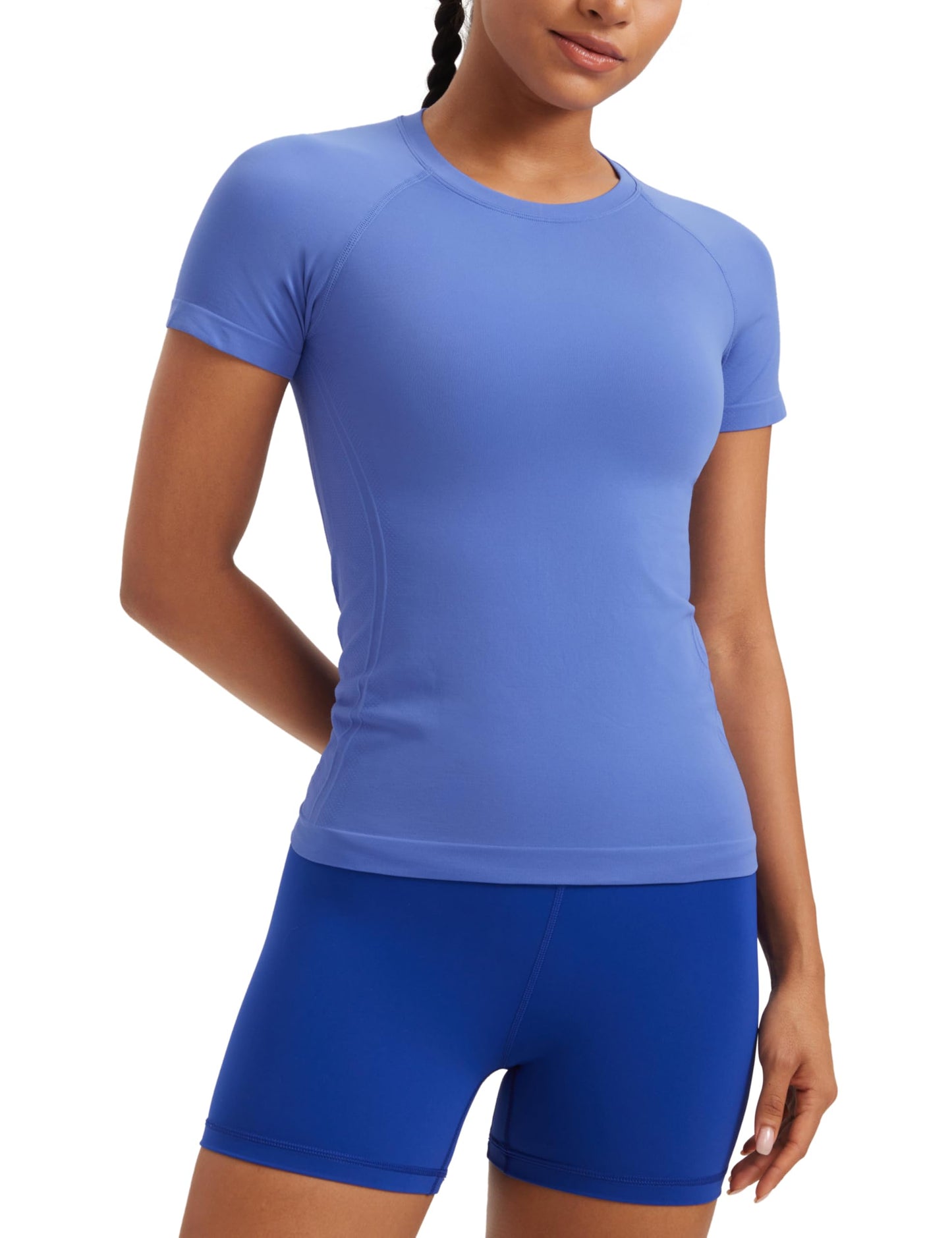 CRZ YOGA Seamless Workout Tops for Women Hip Length - Athletic Running Gym Yoga Short Sleeve Shirts Breathable Crewneck Tees Wild Indigo X-Large