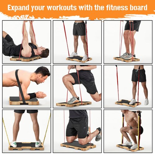 Zaldia Wooden Fitness Board - Resistance Band Workout Footplate with Foam Pad & Storage Bag - Wood Exercise Step Platform with Non-Slip Surface for Home Body Gym, Strength Training