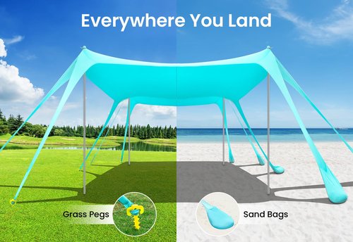 Beach Tent Sun Shelter 13x10FT, UPF50+ Outdoor Beach Shade Canopy with 10 Sandbags, Sand Shovel, Ground Pegs & Stability Poles, Beach Canopy Tent for Camping, Fishing, Picnics, Trips