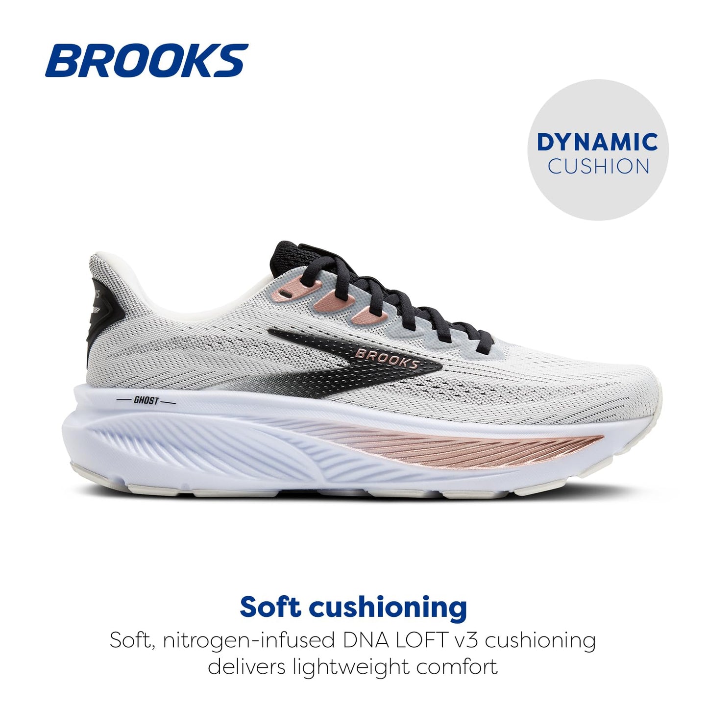 Brooks Women’s Ghost 17 Neutral Running Shoe - White/Black/Rose Gold - 9 Medium