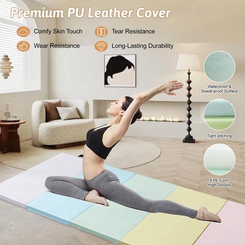 Wansenya 5 Folding PU Gymnastics Mats for Tumbling,Foldable Exercise Tumble Mat for Home Gyms,Durable Gymnastics Tumbling Mats with Carrying Handles for Home Activity Play,Macaron Color