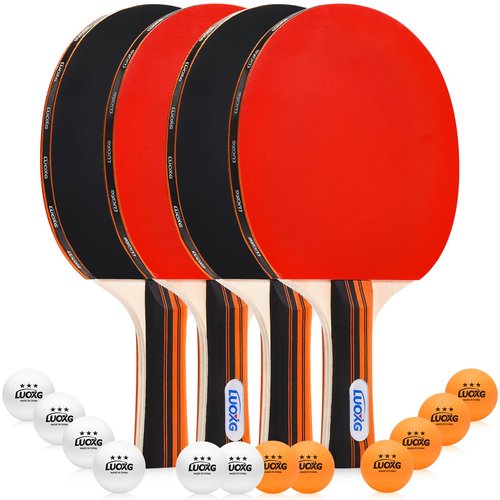 LUOXG Ping Pong Paddles Set of 4, Ping Pong Paddles and Balls, Table Tennis Rackets Set Suitable for Indoor and Outdoor Games, Family Games