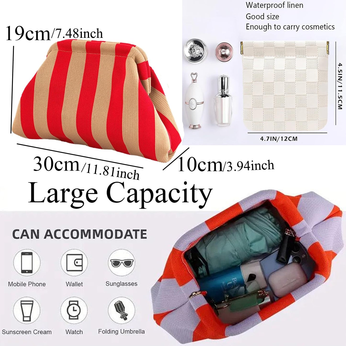Vpoofree Woven Clutch Purses for Woman,Summer Beach Purse for Vacation, Woven Striped Dumpling Bag,Crochet Evening Handbag (Red-brown Stripe Woven Clutch Purses)