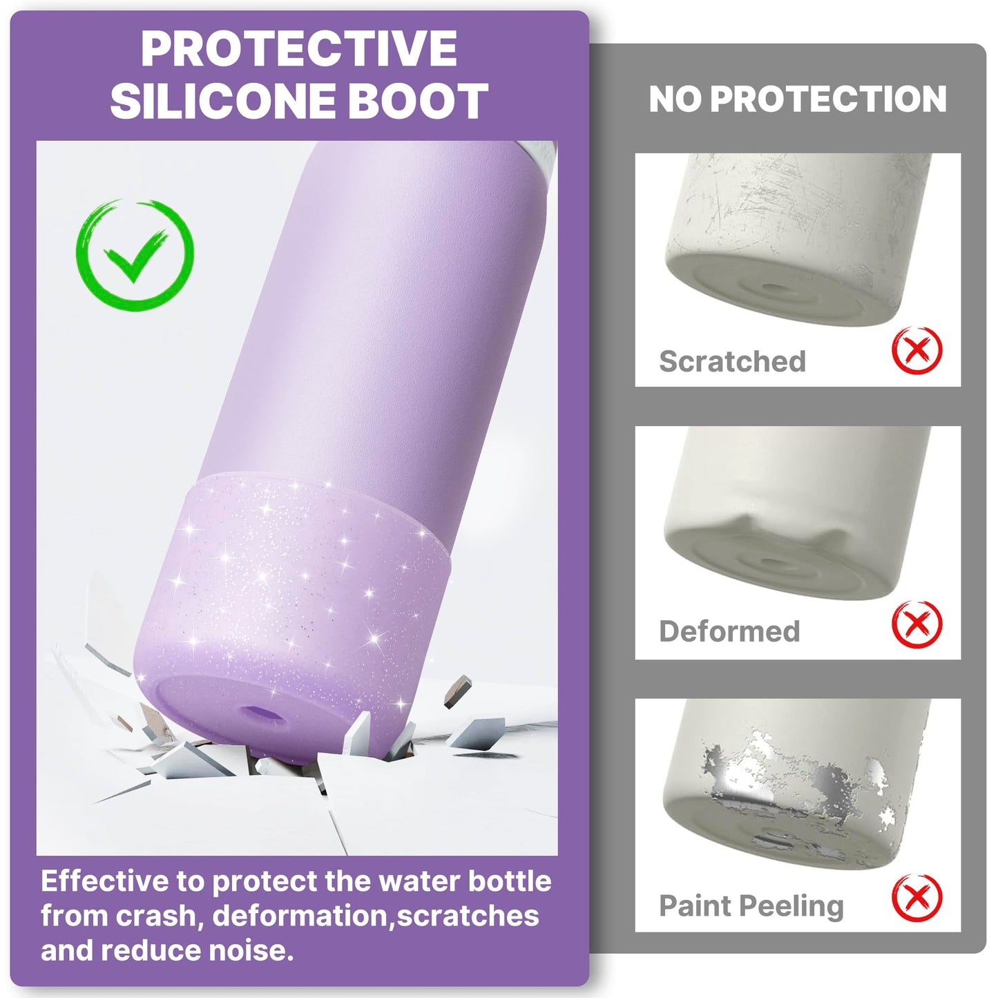 Diumepo Silicone Water Bottle Boot for Owala 24 oz 32 oz 40 oz, Anti-Slip Protective Sleeve for Owala Twist & FreeSip & Flip Stainless Steel Water Bottle, Boot Bottom Base(Glitter Purple)