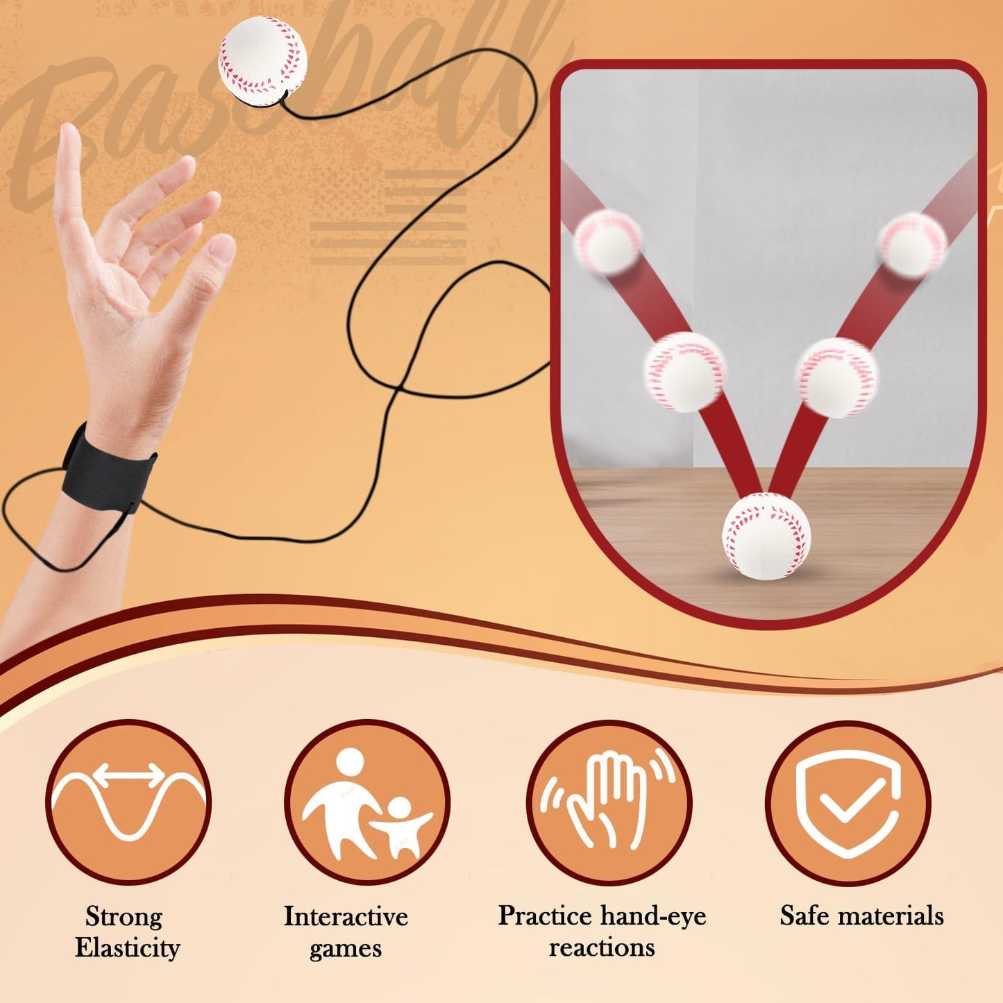 SAYAYA 4 PCS Wrist Return Ball on a String 2.36 Inches Rebound Sport Balls with Elastic Strap Baseball Soccer Tennis Practice Party Favors, Wrist Exercise and Fun Play for Kids & Adults