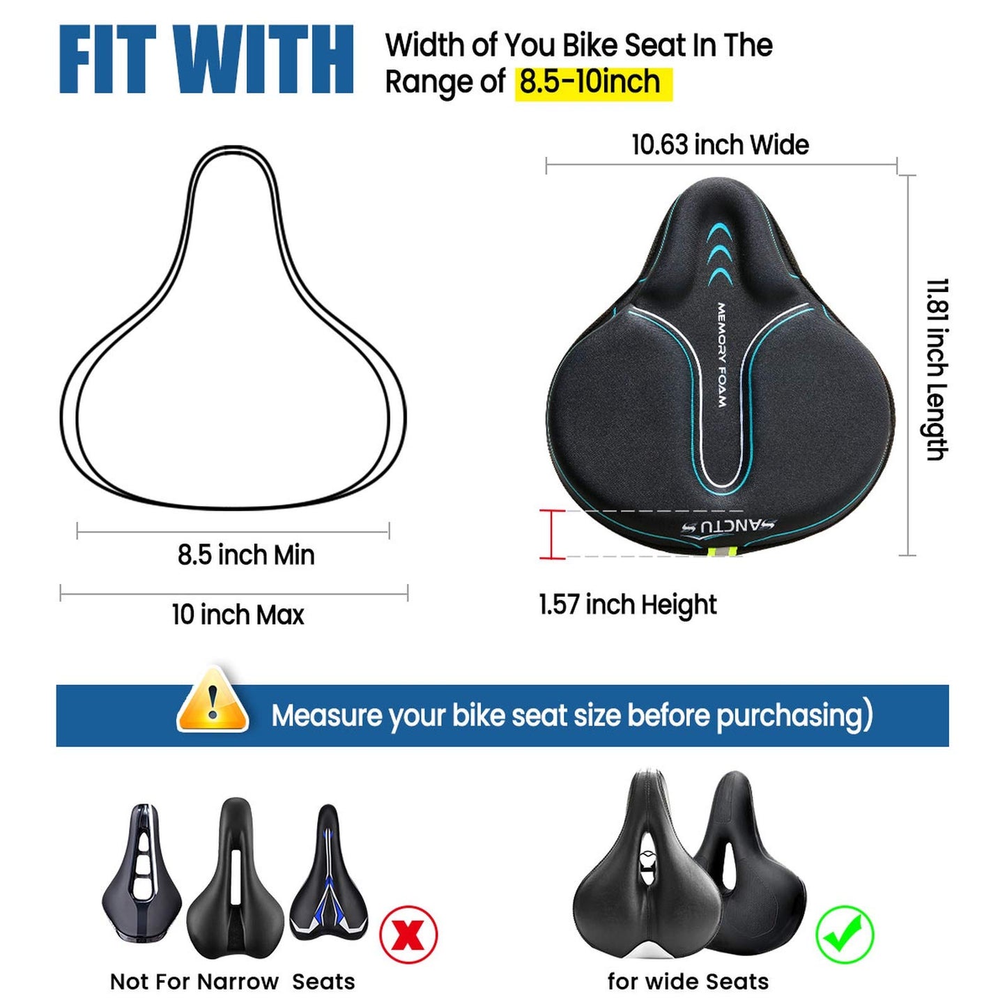 Sanctus Bike Seat Cushion Cover Memory Foam, Large Wide Bicycle Saddle Soft for Men Women, Comfort Exercise Cycle Seats Cover Padded Fits Stationary Bikes, Cruiser, Spin, with Waterproof Cover Blue