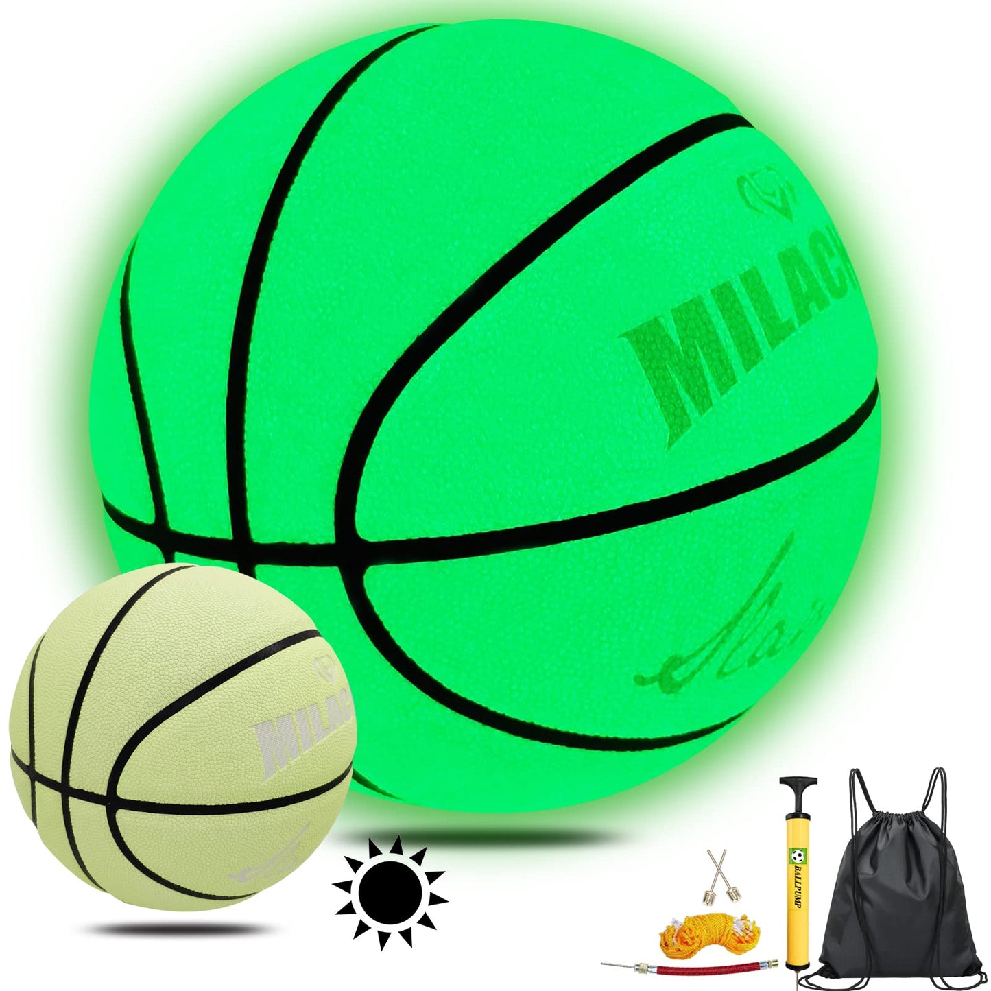 MILACHIC Basketball Glow in the Dark, Luminous Glowing Leather Basketballs 29.5" with Pump, Green Light up Basketball for Men Indoor-Outdoor Night Game & Training - Official Size 7