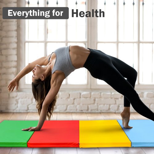 Folding Exercise Aerobics Mat, 4'x10'x3" Extra Thick High Density Anti Tear Gymnastics Gym Folding Exercise Aerobics Mats for MMA, Stretching, Cheerleading Martial Arts, Gymnastic, Multi-Color
