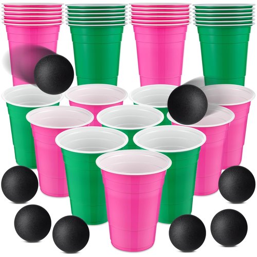 30 Pcs Cup Table Tennis Game Set 22 Plastic Party Cups 15 oz and 8 Black Balls Reusable Pink and Green Cups Ball Game for Drinks Picnics Birthday Halloween Christmas New Year Party Games Favors