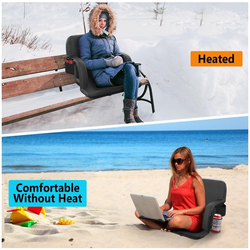 Suteck Dual-Side Heated Stadium Seat with Back Support, 21" Wide Cushion, Foldable Bleacher Chair W/USB 3-Level Heating, 5 Storage Pockets – Portable Stadium Chair for Outdoor Bleachers Camping Games