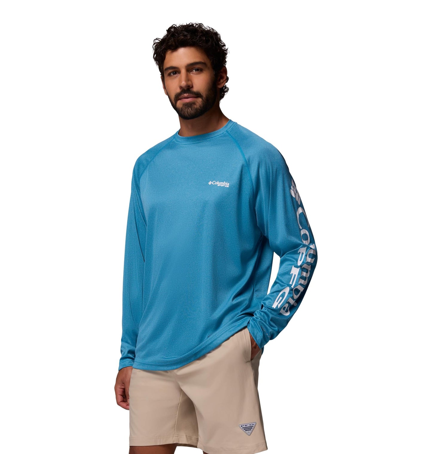 Columbia Men's PFG Terminal Tackle Long Sleeve Fishing Shirt, Blue Echo Heather/White Logo, 1X