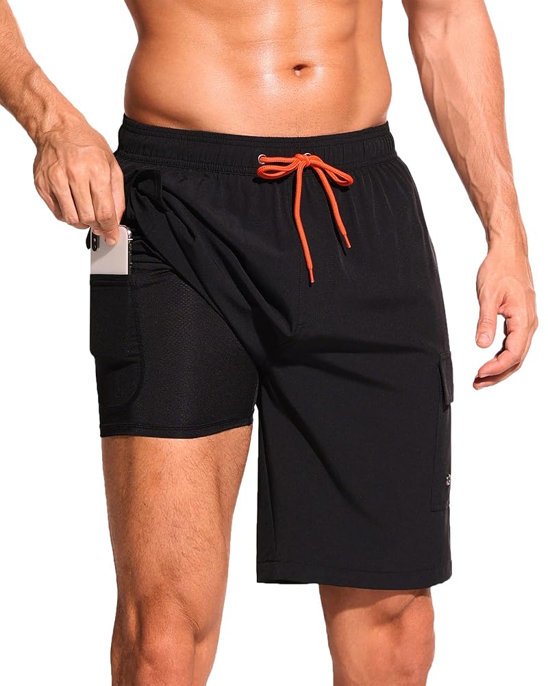 SILKWORLD Men’s Swim Trunks with Compression Liner - Quick Dry 9 Inch Inseam, Black XL