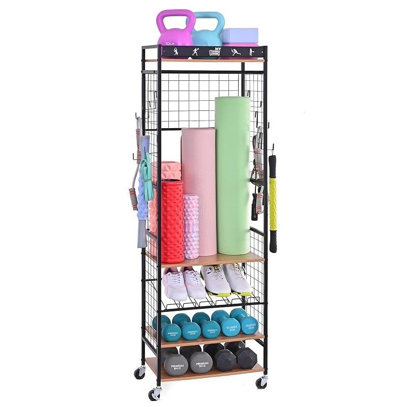 Mythinglogic Home Gym Storage Rack with Wheels (Dumbbells & Yoga Mats) - Black+Wood