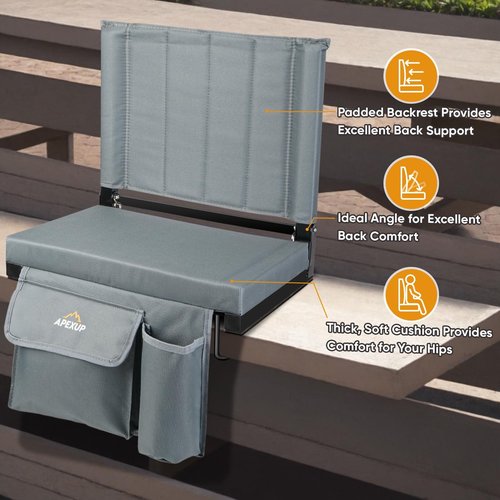 APEXUP Stadium Seats with Back Support, Portable Bleacher Seat with Large Pocket and Cup Holder, Wide Stadium Chair for Sports Events and Concerts (Grey)