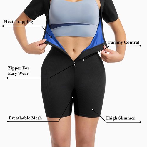 Meiosuns Sauna Suit for Women Ribbed Full Body Sweat Suits Weight Loss Jumpsuit Waist Trainer Shaper 4 in 1 Slimming Heat Trapping Sweat Shirt for Belly Fat Workout Gym Shapewear (Blue, M)