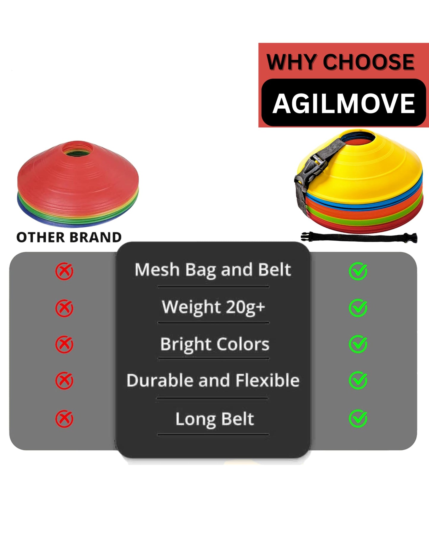 AgilMove Soccer Training Cones (Pack 25, Multi Colors) with Mesh Bag & Strap, Unbreakable Sports Cones for Soccer, Basketball, Football Baseball Training Equipment, Agility Cone for Drills Training