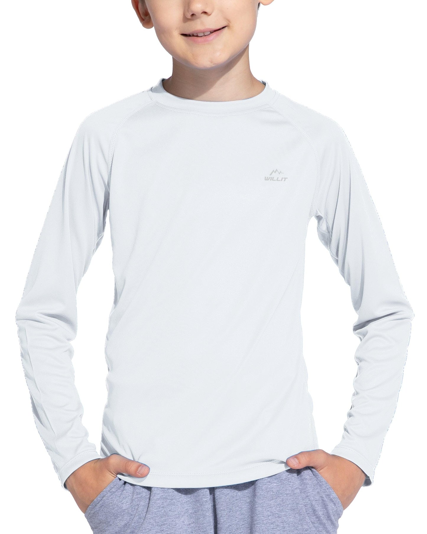 Willit Boy's UPF 50+ Sun Protection Shirt Long Sleeve Rash Guard Swim Shirts Youth SPF Fishing Quick Dry Shirt White L