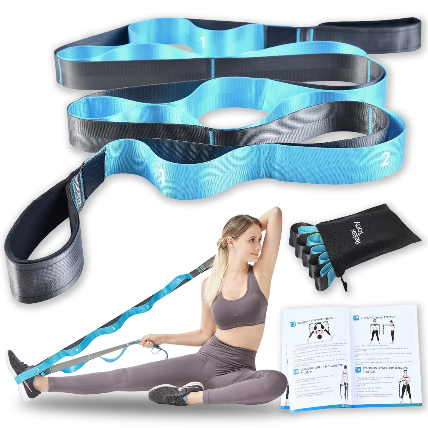 Relax Tony Yoga Stretching Strap | 12 Loops Non-Elastic Stretching Yoga Strap | Stretching Band for Physical Therapy, Home Workout Exercises, Pilates & Dance | Includes Carrying Bag & Workout Guide