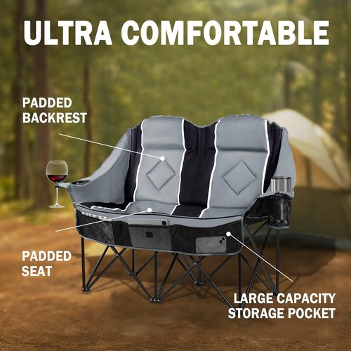 Oversized Double Camping Loveseat Chair for Adults, XL Heavy Duty 2 Person Comfy Couch with Cup Holders & Storage Pocket, Folding Portable Outdoor Chair for Camp, Yard, Fishing, Lawn,Tailgating