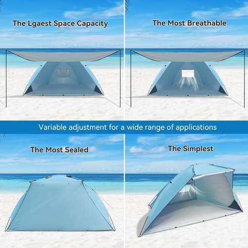 Beach Tent Sun Shelter with Canopy, Portable Sun Shade for 4-6 Person,Easy Setup Beach Shade with UPF 50+ UV Protection, Beach Cabana with Silver Coating for Family Outdoor