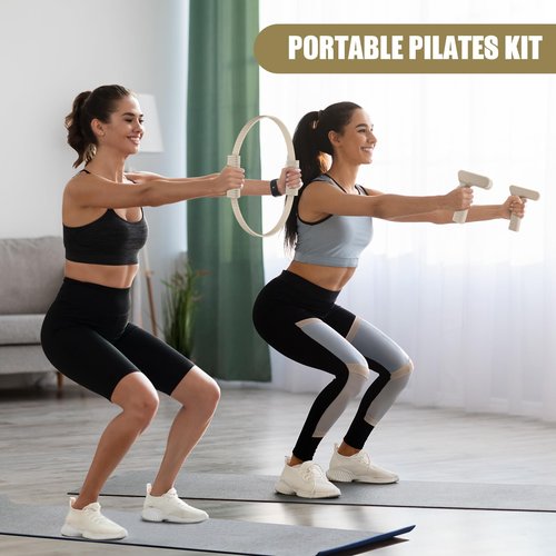 Paleclouds Pilates Ring Set, Pilates Essential Kit with Pilates Ring and Ball, 2.2lb *2 Ergonomic 7-Shaped Dumbbells, Portable Bag & Training Poster, at Home Workouts Pilates Sets for Women (Beige)
