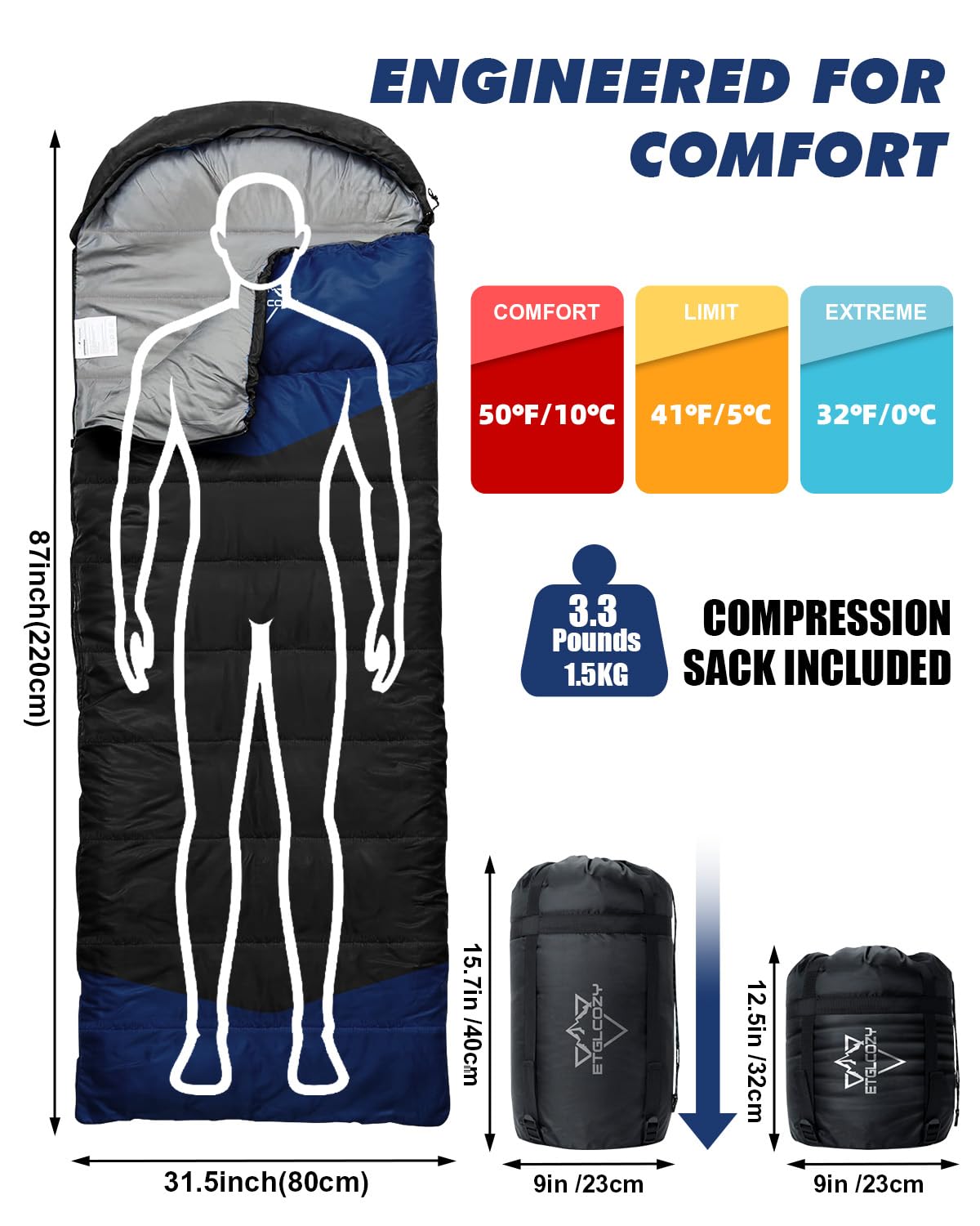 ETGLCOZY Lightweight 3-Season Sleeping Bag for Adults/Kids Camping, Compact w/Compression Sack, Waterproof Ripstop, Portable for Backpacking Hiking Travel, 50-80°F, Black
