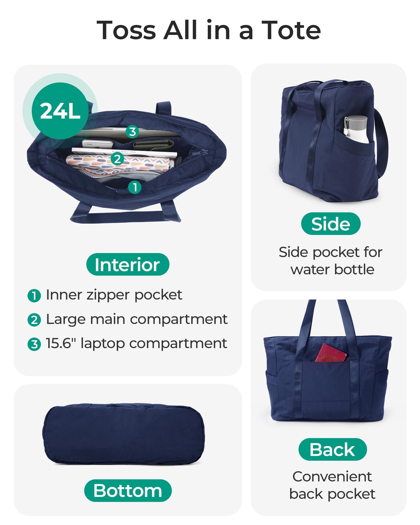 BAGSMART Tote Bag for Women with Zipper, Gym Tote with Compartments, Laptop Work Tote Nurse Dance Yoga Bag for Sport, Travel