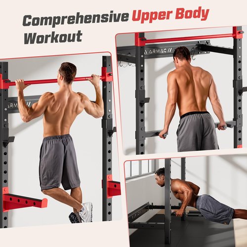 Folding Power Rack, Wall Mounted Squat Rack with Pull Up Bar, 980 Pounds Capacity, with J-Cups, Spotter Arms, Dip Bars, Landmine for Full Body Workout